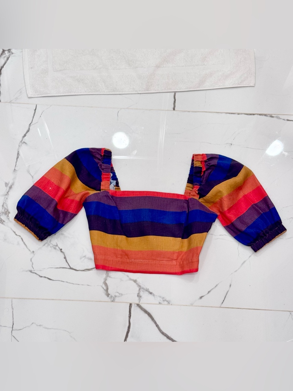 Farm Rio Rainbow Multicolor Striped Short Puff Sleeve Linen Crop Top Size Small - Picture 6 of 11